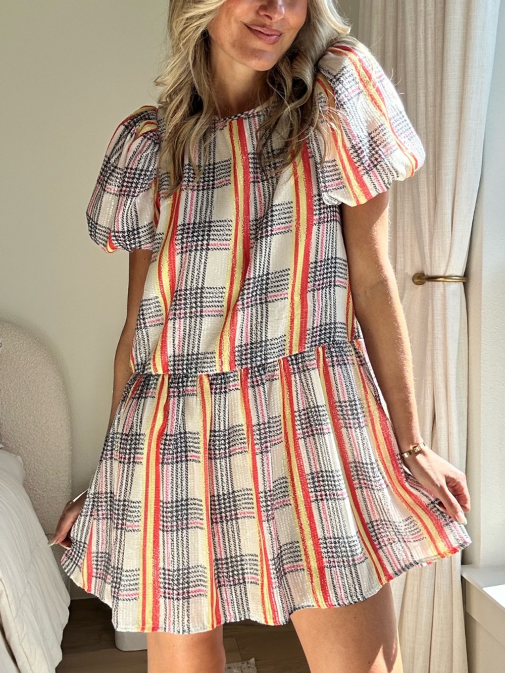 English factory sequin Plaid Puff Sleeve Mini Dress